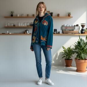 Rising International Women L Teal L /S Full Zip Embroidered Hooded Sweatshirt